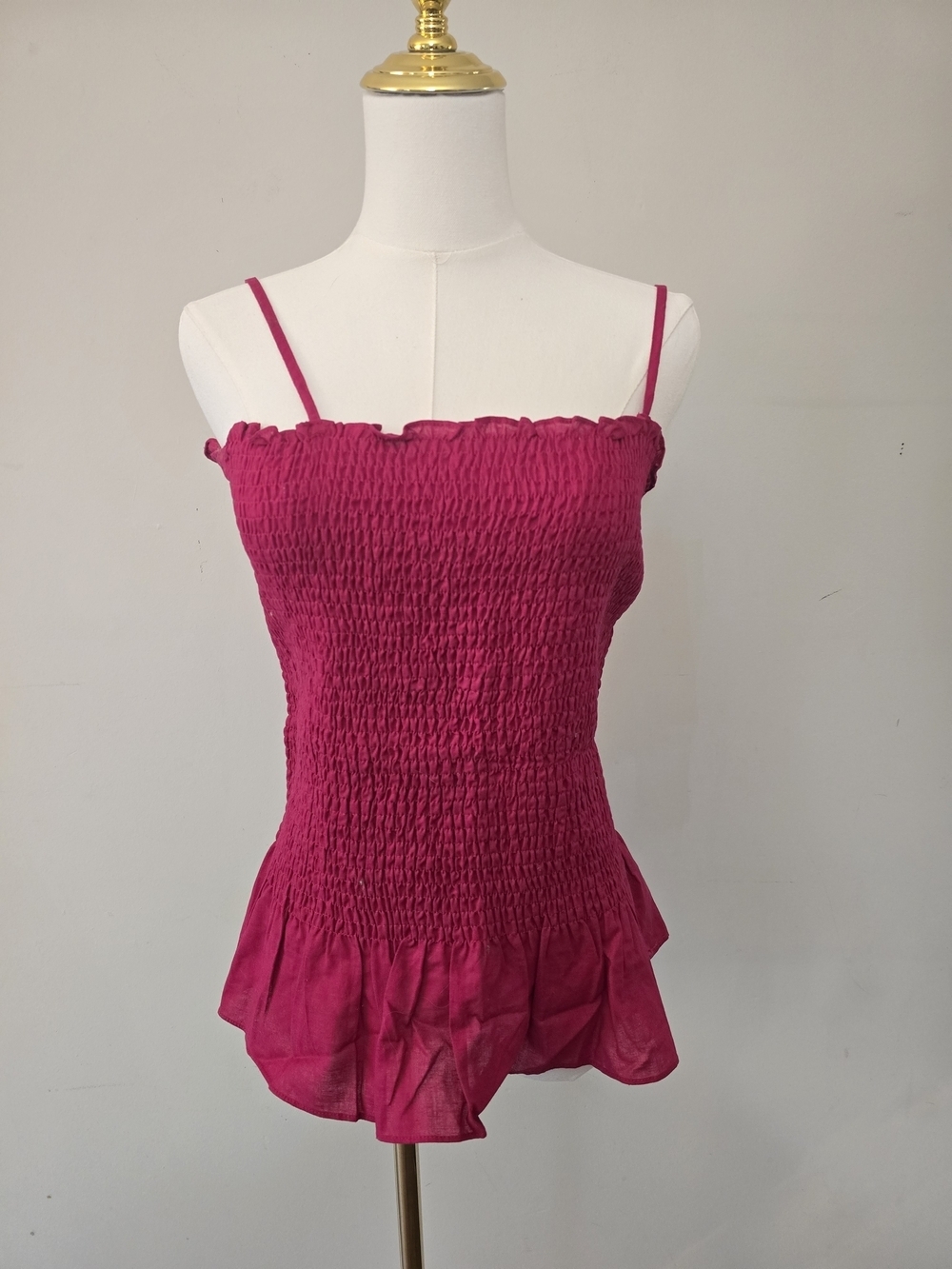 Maeve Anthropologie Fuchsia Pink Cotton And Linen Smocked Ruffle Hem Cami